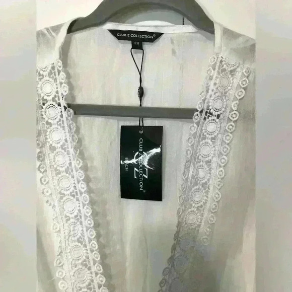 Club Z Collection Women 2X White Cotton Swim Crochet Lace Drawstring Cover Up - Picture 2 of 12